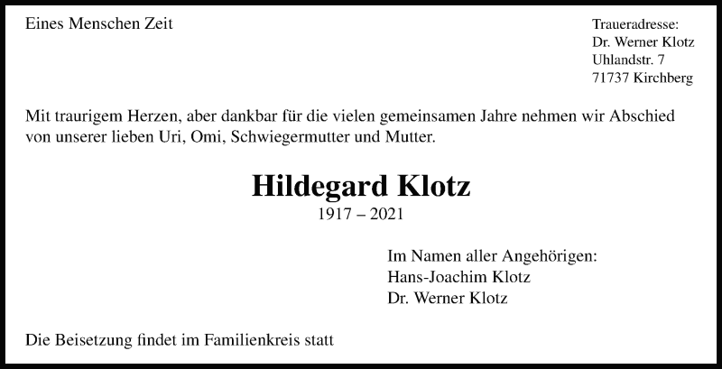  Traueranzeige für Hildegard Klotz vom 11.06.2021 aus Marbacher Zeitung
