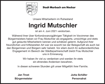 Traueranzeige von Ingrid Mutschler von Marbacher Zeitung