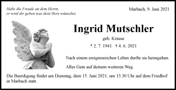 Traueranzeige von Ingrid Mutschler von Marbacher Zeitung