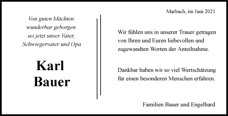  Traueranzeige für Karl Bauer vom 17.06.2021 aus Marbacher Zeitung
