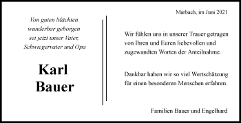Traueranzeige von Karl Bauer von Marbacher Zeitung