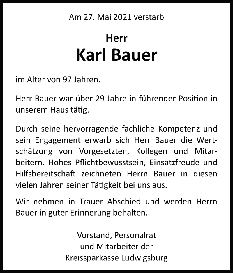  Traueranzeige für Karl Bauer vom 02.06.2021 aus Marbacher Zeitung