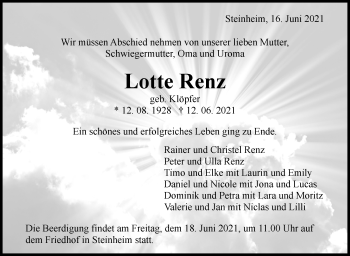 Traueranzeige von Lotte Renz von Marbacher Zeitung