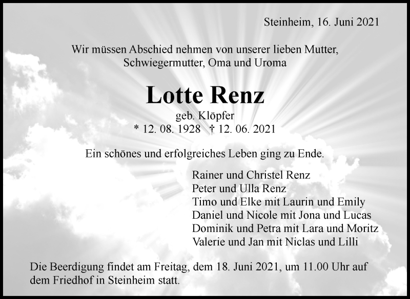  Traueranzeige für Lotte Renz vom 16.06.2021 aus Marbacher Zeitung