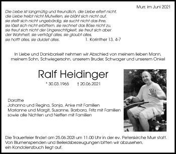 Traueranzeige von Ralf Heidinger von Marbacher Zeitung