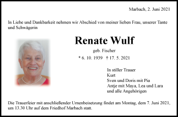 Traueranzeige von Renate Wulf von Marbacher Zeitung