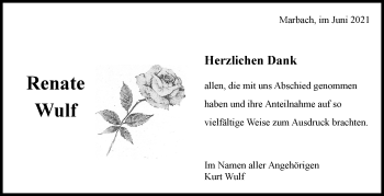Traueranzeige von Renate Wulf von Marbacher Zeitung