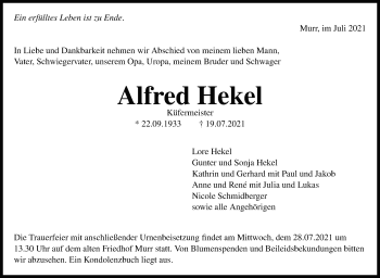 Traueranzeige von Alfred Hekel von Marbacher Zeitung