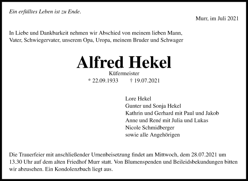  Traueranzeige für Alfred Hekel vom 23.07.2021 aus Marbacher Zeitung