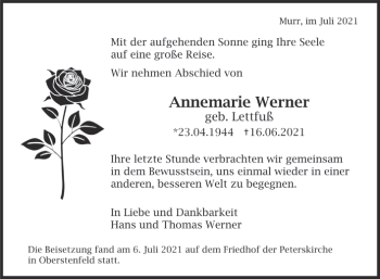 Traueranzeige von Annemarie Werner von Marbacher Zeitung