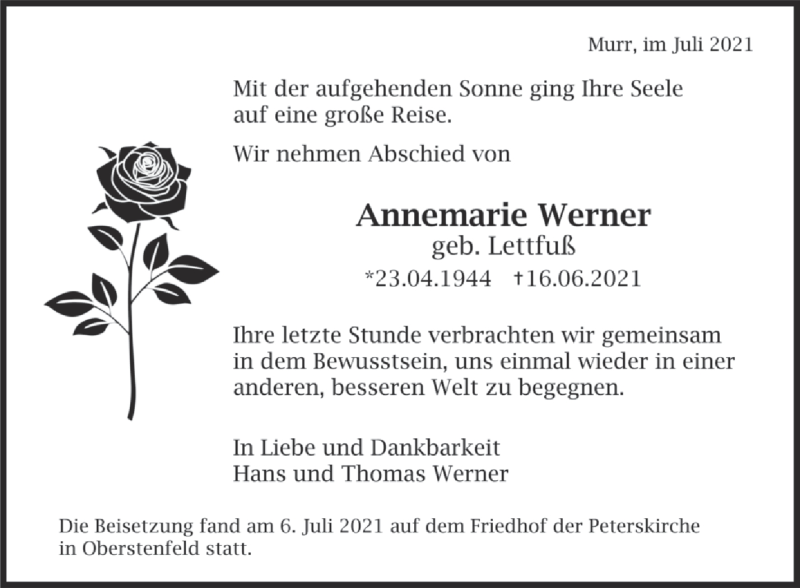  Traueranzeige für Annemarie Werner vom 08.07.2021 aus Marbacher Zeitung