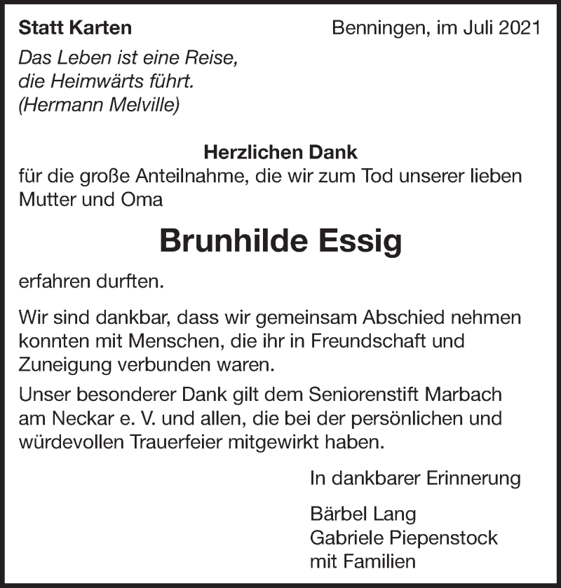  Traueranzeige für Brunhilde Essig vom 15.07.2021 aus Marbacher Zeitung