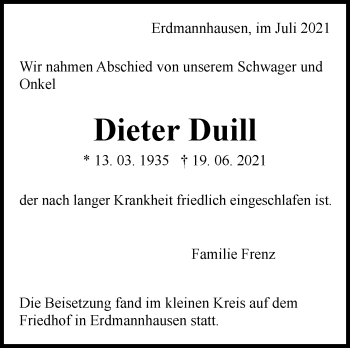 Traueranzeige von Dieter Duill von Marbacher Zeitung