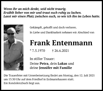 Traueranzeige von Frank Entenmann von Marbacher Zeitung