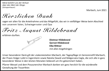 Traueranzeige von Fritz August Hildebrand von Marbacher Zeitung