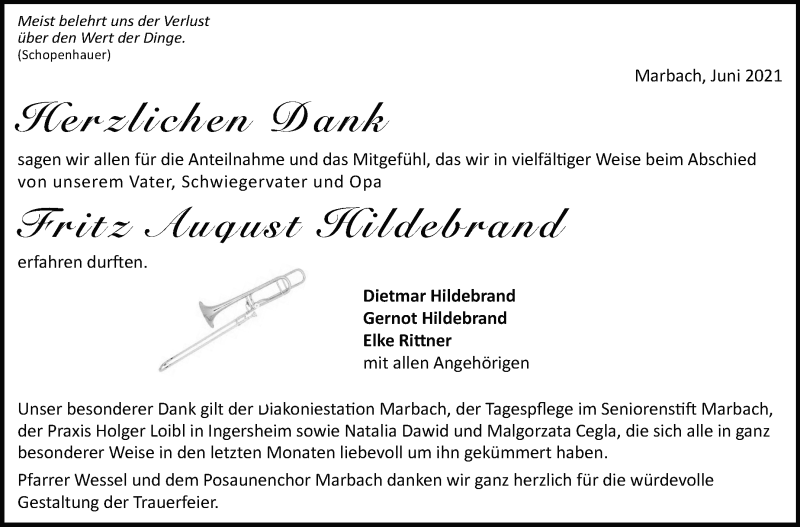  Traueranzeige für Fritz August Hildebrand vom 02.07.2021 aus Marbacher Zeitung