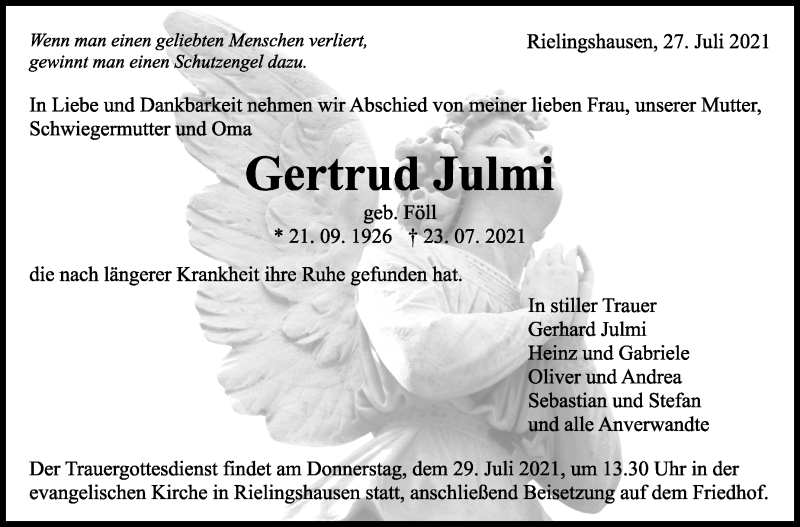  Traueranzeige für Gertrud Julmi vom 27.07.2021 aus Marbacher Zeitung