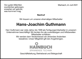 Traueranzeige von Hans-Joachim Guthmann von Marbacher Zeitung