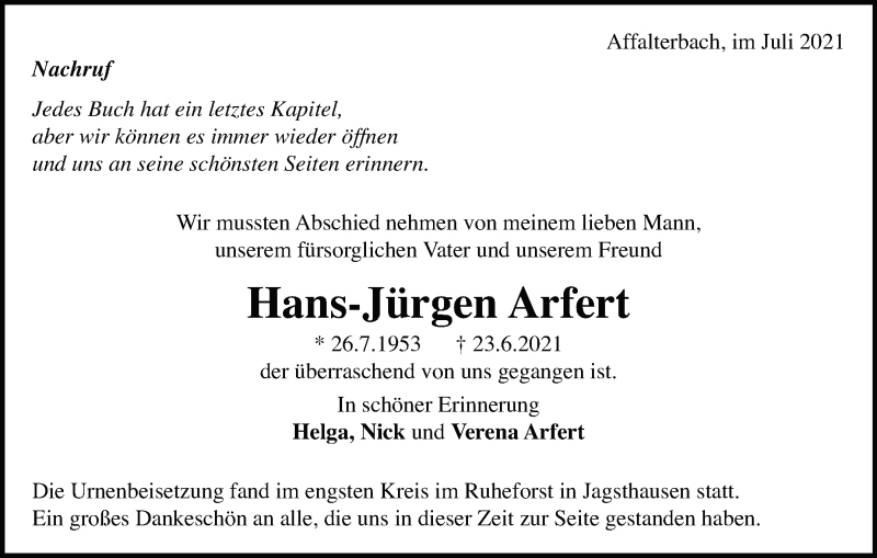  Traueranzeige für Hans-Jürgen Arfert vom 17.07.2021 aus Marbacher Zeitung