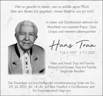 Traueranzeige von Hans Traa von Marbacher Zeitung