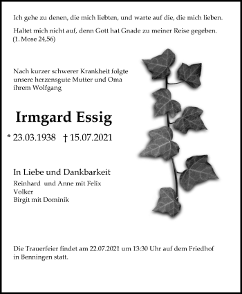 Traueranzeige von Irmgard Essig von Marbacher Zeitung