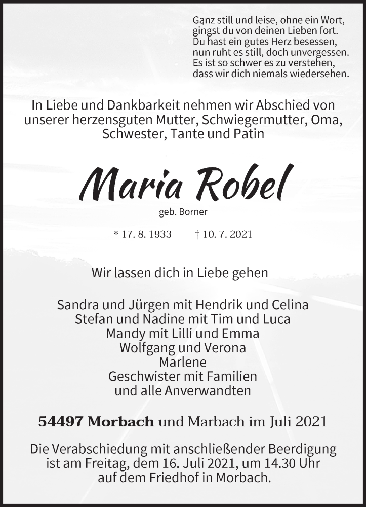 Traueranzeige für Maria Robel vom 13.07.2021 aus Marbacher Zeitung