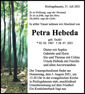 Traueranzeige von Petra Hebeda von Marbacher Zeitung