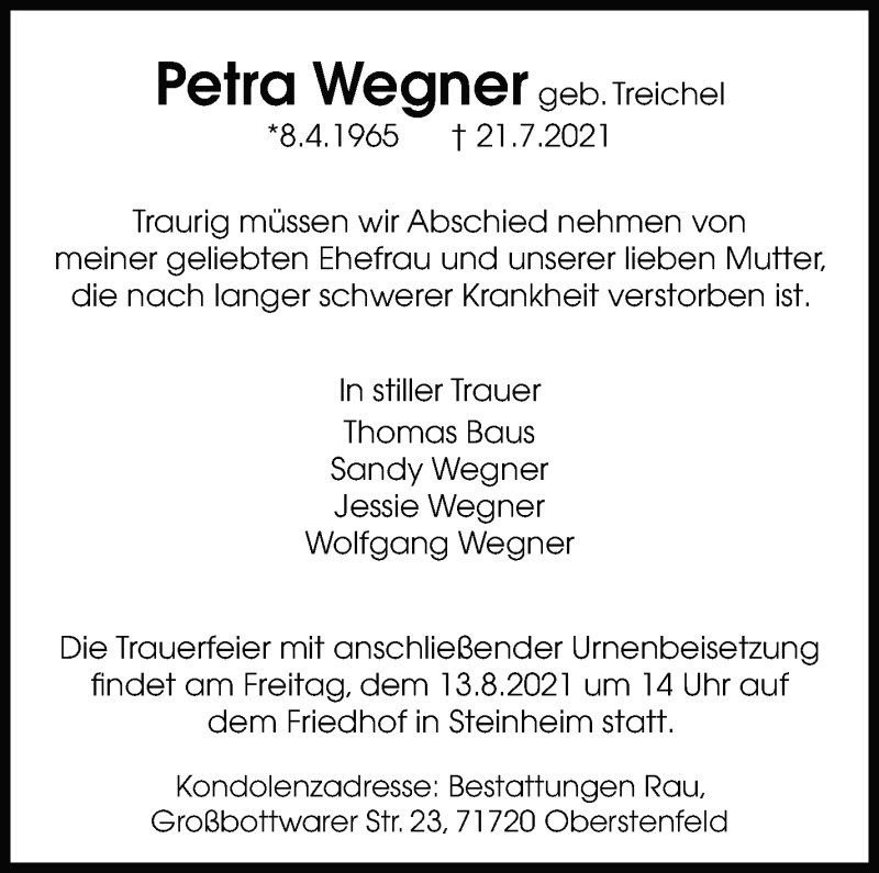  Traueranzeige für Petra Wegner vom 28.07.2021 aus Marbacher Zeitung