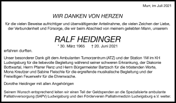 Traueranzeige von Ralf Heidinger von Marbacher Zeitung