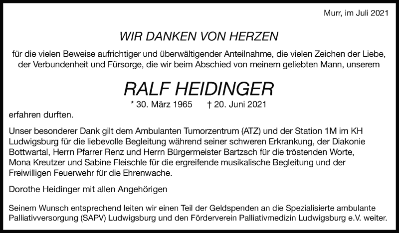  Traueranzeige für Ralf Heidinger vom 16.07.2021 aus Marbacher Zeitung