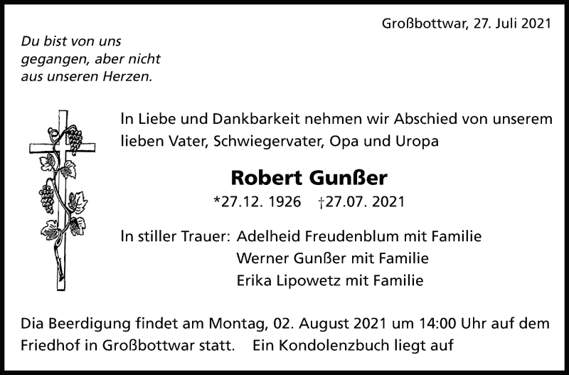  Traueranzeige für Robert Gunßer vom 29.07.2021 aus Marbacher Zeitung