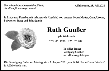 Traueranzeige von Ruth Gunßer von Marbacher Zeitung