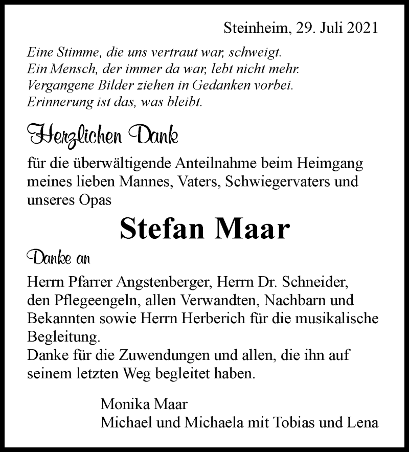  Traueranzeige für Stefan Maar vom 29.07.2021 aus Marbacher Zeitung