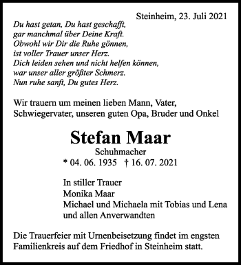 Traueranzeige von Stefan Maar von Marbacher Zeitung