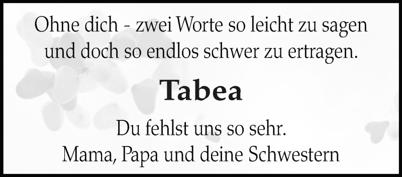  Traueranzeige für Tabea  vom 12.07.2021 aus Marbacher Zeitung