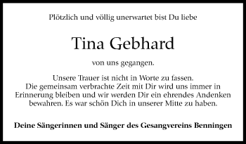 Traueranzeige von Tina Gebhard von Marbacher Zeitung