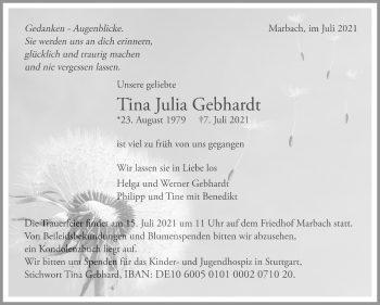 Traueranzeige von Tina Julia Gebhardt von Marbacher Zeitung