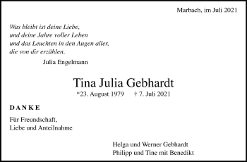 Traueranzeige von Tina Julia Gebhardt von Marbacher Zeitung