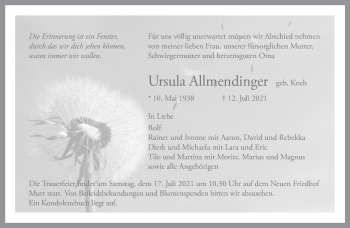 Traueranzeige von Ursula Allmendinger von Marbacher Zeitung