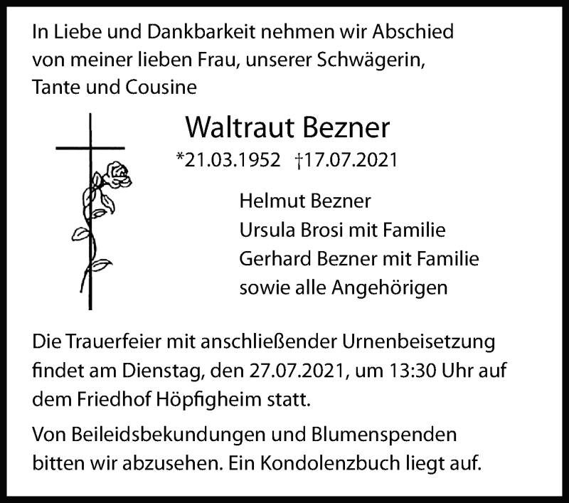  Traueranzeige für Waltraut Bezner vom 23.07.2021 aus Marbacher Zeitung