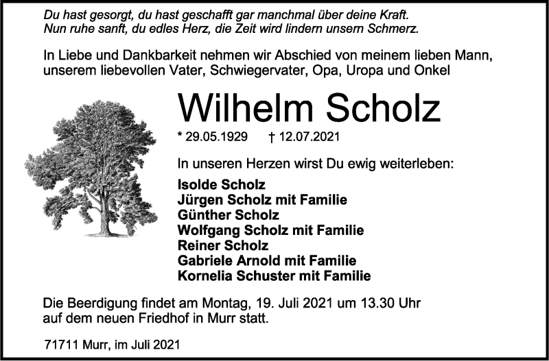 Traueranzeige für Wilhelm Scholz vom 15.07.2021 aus Marbacher Zeitung