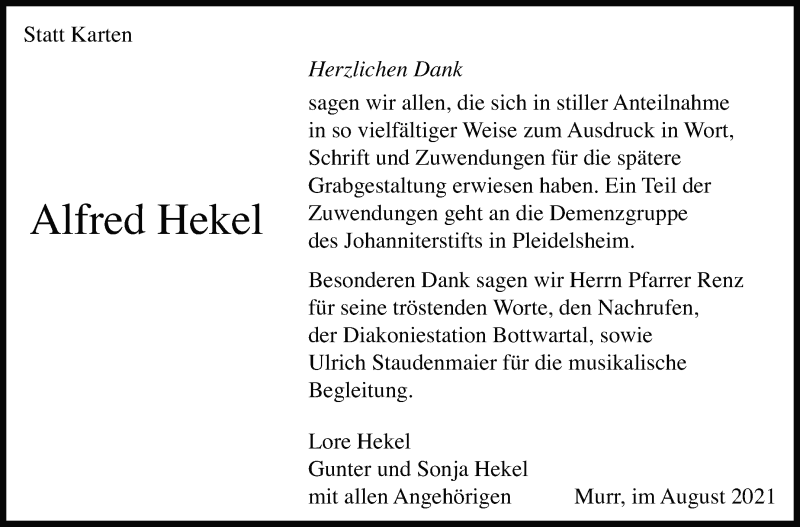  Traueranzeige für Alfred Hekel vom 13.08.2021 aus Marbacher Zeitung