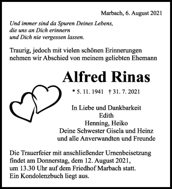 Traueranzeige von Alfred Rinas von Marbacher Zeitung