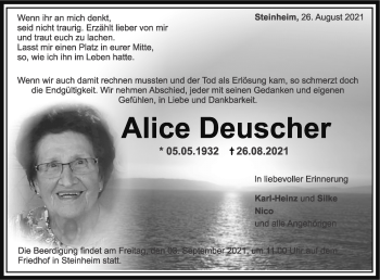Traueranzeige von Alice Deuscher von Marbacher Zeitung