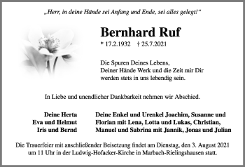 Traueranzeige von Bernhard Ruf von Marbacher Zeitung