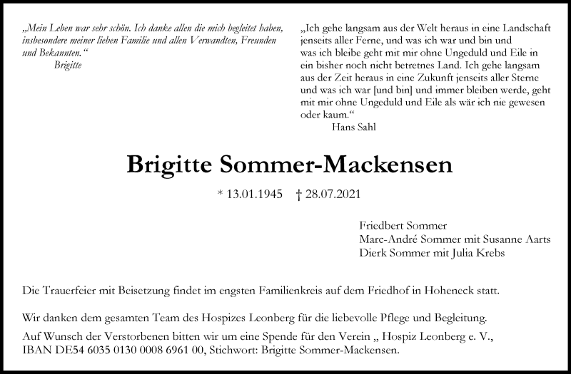  Traueranzeige für Brigitte Sommer-Mackensen vom 04.08.2021 aus Marbacher Zeitung