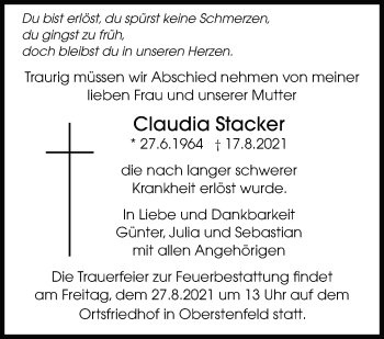 Traueranzeige von Claudia Stacker von Marbacher Zeitung