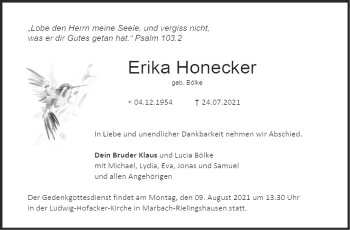 Traueranzeige von Erika Honecker von Marbacher Zeitung