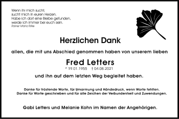 Traueranzeige von Fred Letters von Marbacher Zeitung