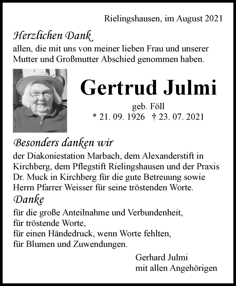  Traueranzeige für Gertrud Julmi vom 13.08.2021 aus Marbacher Zeitung